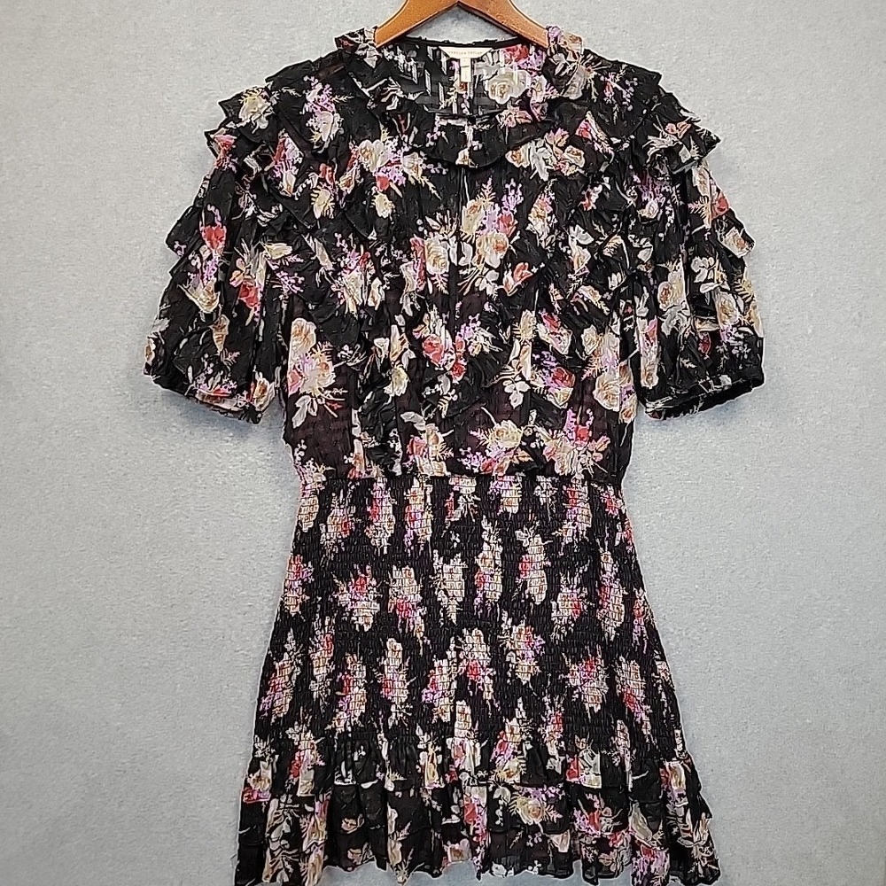 REBECCA‎ TAYLOR Tiered Floral Ruffle Dress Silk Blend Smocked Black Boho Sz L